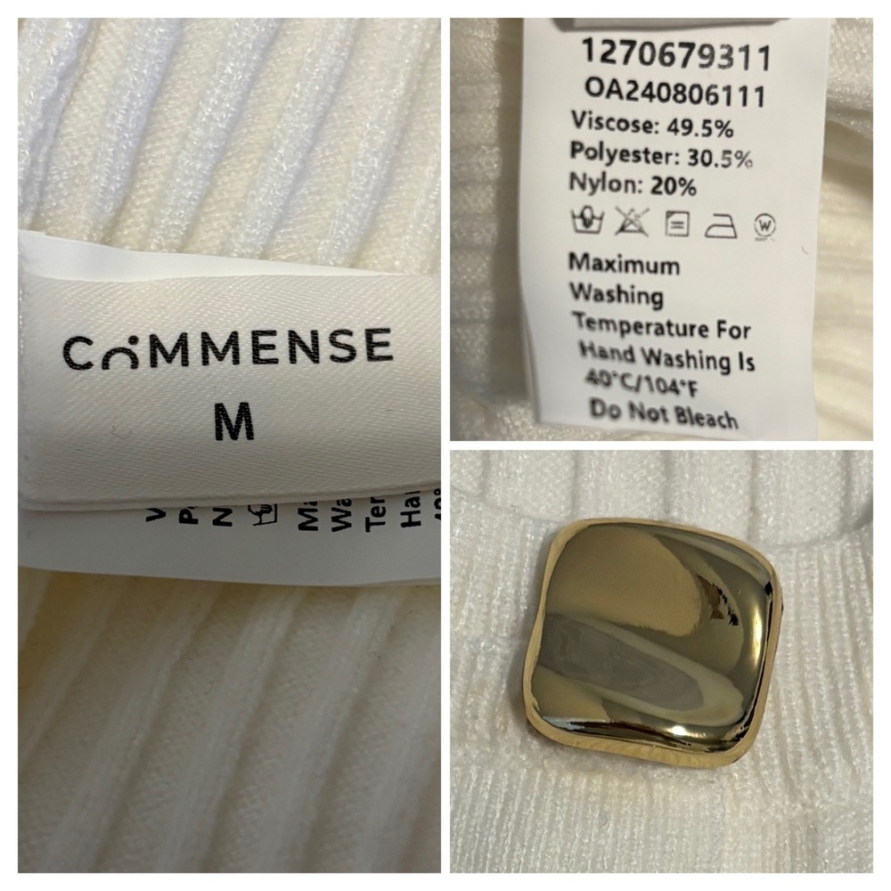 Commense Cardigan Med Off White Ribbed Knit Gold Button Front Crew Neck Sweater - Picture 5 of 7